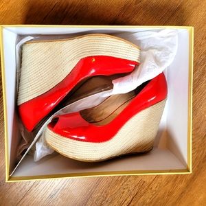 Michael Kors Red Patent Leather wedge sandals espadrilles